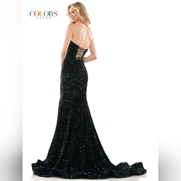 Colors size 6 Dark Green Sequin Velvet Mermaid Prom Gown - Picture 2 of 14